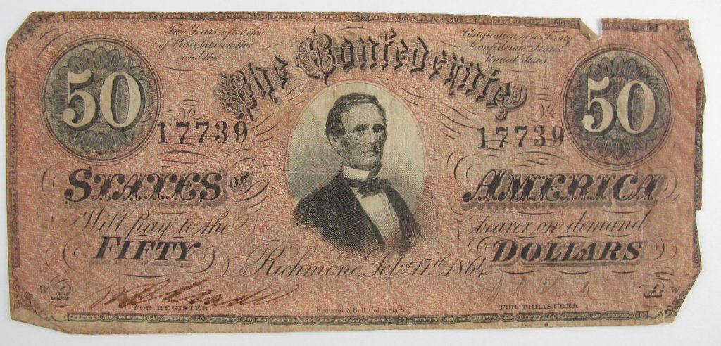 CSA Paper Money Fifty Dollars $50: The Confederate States of America Paper Money, $50 Fifty Dollar Bill, Richmond, Feb. 17th 1864, No. 17739