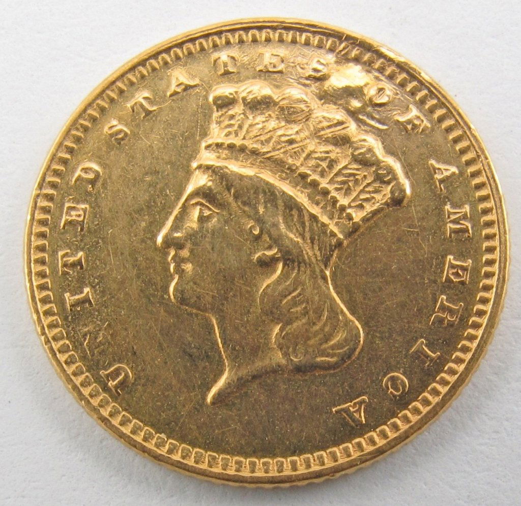 1874 US $1 One Dollar Gold Piece: 1874 US 1 Dollar Gold Piece, coin has been altered (drilled and filled)