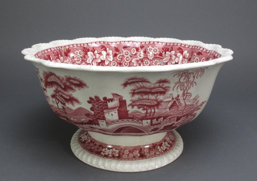 Copeland Spode Pink Tower Pedestal Bowl, Dia. 13": Copeland "Spode's Tower" Pedestal Bowl, Pink / Red and White coloring, fluted edge, impressed and glazed hallmark, impressed Y over 41 indicates May, 1941 date, no chips, cracks, or crazing, H. 6-1/2"