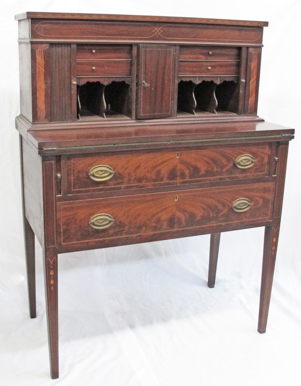 1800's Mahogany Hepplewhite Tambour Secretary Desk: 1800's Mahogany Hepplewhite Tambour Secretary Desk, 2-piece: gallery with 2 drawers on either side of center door with slots below, tambour door covers, column inlay, concealed drawer below string inl