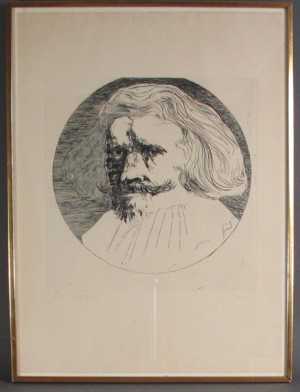 Leonard Baskin Callot Etching Artist's Proof: Leonard Baskin (1922-2000), American, portrait, edition of 50, callot etching, artist's proof, image 16" x 16-1/2", overall 31-1/2" x 23-3/4"