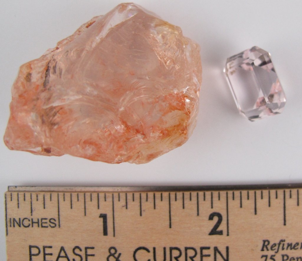 Pink Morganite: 2 Pieces Pink Morganite: rectangular faceted 12.82 cts., 15x12mm; large piece of rough 180 cts.