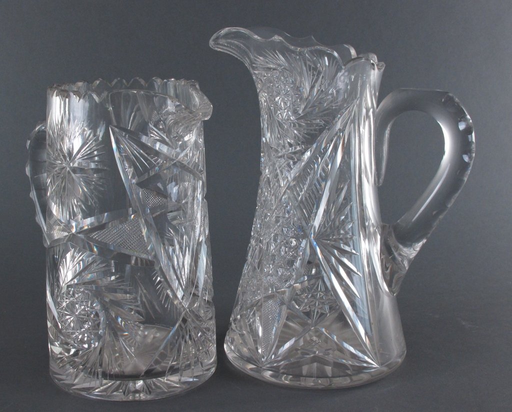 American Brilliant Cut Glass Pitchers, Fry &Other: 2 American Brilliant Cut Glass Pitchers: Signed Fry Cut Glass Pitcher, H. 9-3/4", one rim chip; Glass Pitcher, H. 8-1/4", several inner rim and base chips
