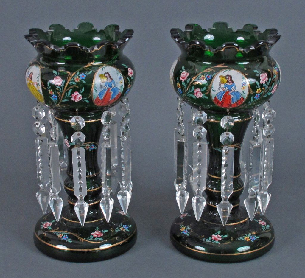 Pair Bohemian Hand Painted Mantle Lusters: Pair Bohemian Mantle Lusters, Hand-painted enamel on globes and bases with gilt designs (wearing slightly overall), 10 original cut glass prisms on each luster having very few small chips in total, lu