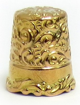 18K Gold Thimble: Yellow 18K Thimble, engraved with initials and dated Apr 14-14 (1914), thimble size 9, 4.5 dwt