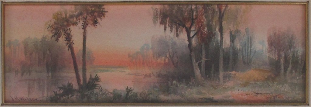 James R. Wilcox, Watercolor, Florida, Late 19th C.: James R. Wilcox (1866-1915), Florida, swamp scene, signed LL, watercolor, image 3-5/8"x10-5/8" plus 3" matte and frame