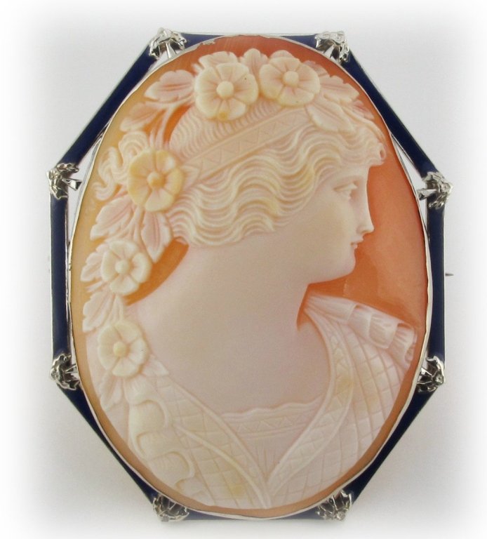 Ca. 1925 Art Nouveau Cameo Brooch: Ca. 1925 Art Nouveau Period Cameo Brooch, highly detailed shell carving, 14K White Gold frame with Blue Enameling measures approx. 53 x 42mm