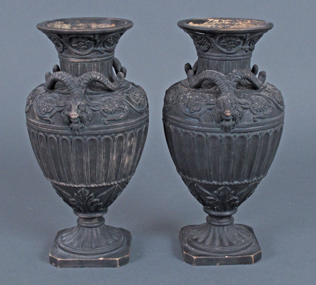 Pair of 19th C FGW Ferdinand Gerbing Basalt Urns: Pair of mid 19th C FGW Ferdinand Gerbing Black Basalt Urns with Ram's Heads, appears to have been gilded but much has worn away, impressed "FGW." and "1817" (model number); H. 9-3/4", one ram's nose h
