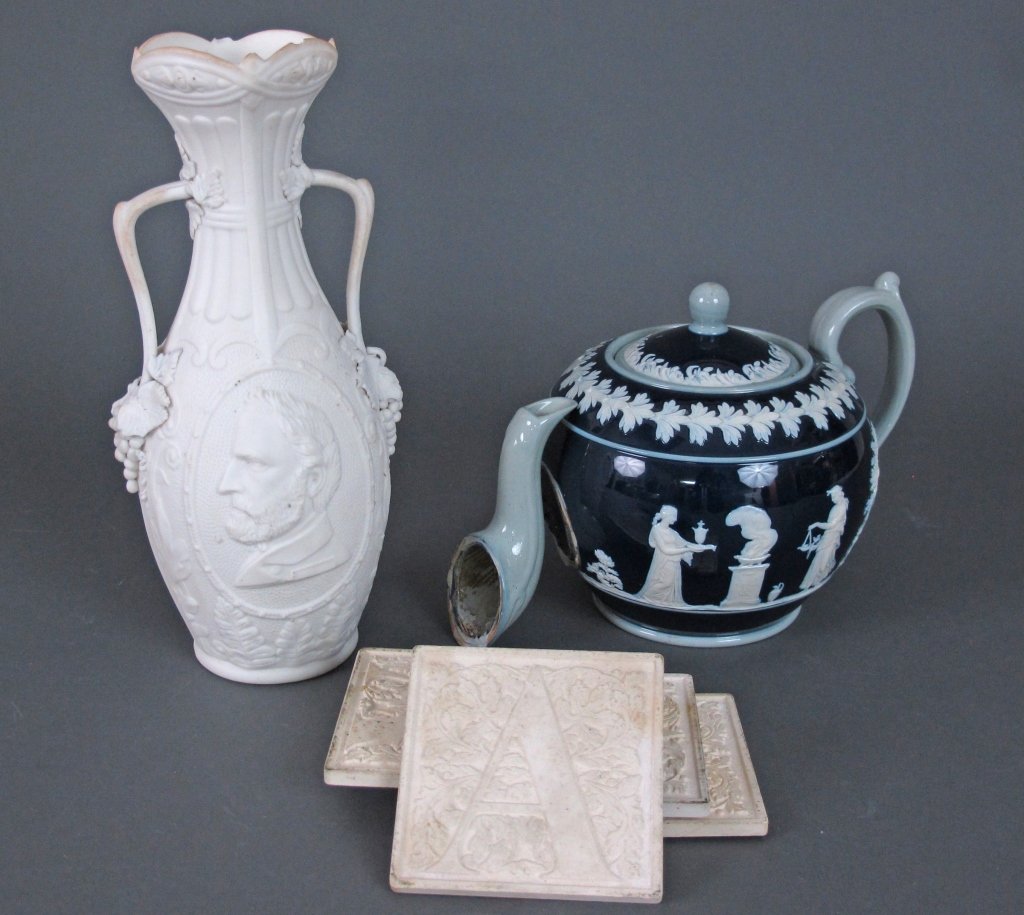 Assortment of Pottery Copeland Late Spode, others: Assortment of Pottery: Copeland Late Spode Teapot, cobalt blue body with light blue handle and spout, applied Greco-Roman designs in relief (harvest and offerings), H. 6" (incl handle), spout has beco