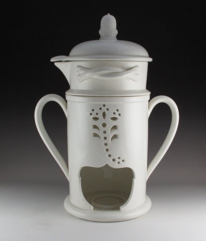 18th C Wedgwood Queen's Ware Food Warmer: 18th C Wedgwood Queen's Ware or Creamware Covered Bowl with Warmer, pierced warmer with two handles and an opening and insert for oil dish, upper insert with pouring spout has braided handles on each