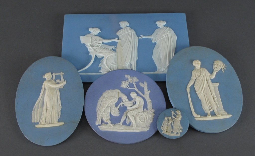 Wedgwood Blue Jasperware Plaques, 19th C: Wedgwood Blue Jasperware Plaques, 19th C, 5 Plaques: 2 Round in form with 2-1/4" and 6" diameters, have been repaired; 2 Oval in form, 7-1/2" x 5" with repairs, 7-1/2" x 5-5/8" (no repairs but stained