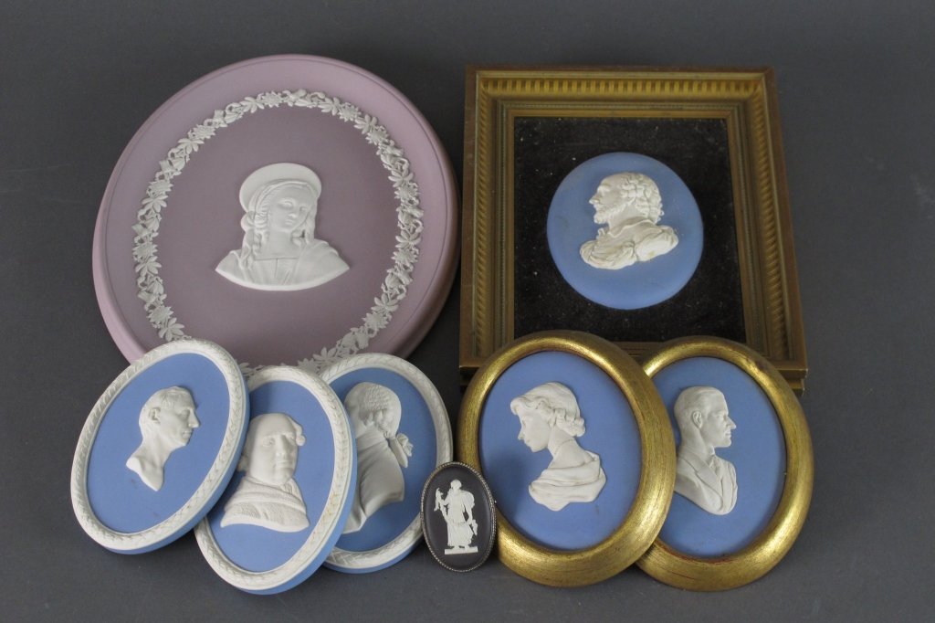 Collection of Wedgwood Jasperware Cameos: Collection of Wedgwood Jasperware Cameo Plaques, some vintage, some early 19th C, most are approx. 4-1/2" x 3-1/4": Framed Shakespeare Cameo, Torbern Bergman Cameo (unframed), 2 Framed Coronation Came