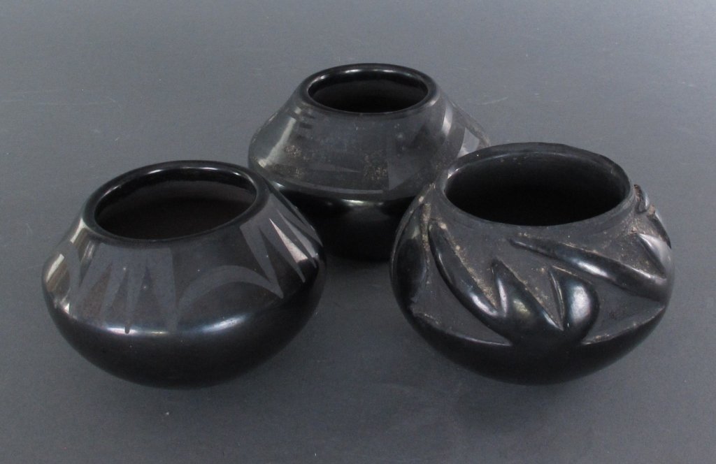 3 Pieces Signed Blackware Pottery San Ildefonso: 3 Pieces Signed Blackware "Black on Black" Pottery, San Ildefonso Pueblo Indian: Two signed Bowls by artist Donicia Tafoya (1909-79), H. 3" and 3-1/4"; Carved Bowl, signed indistinguishable (see pictu