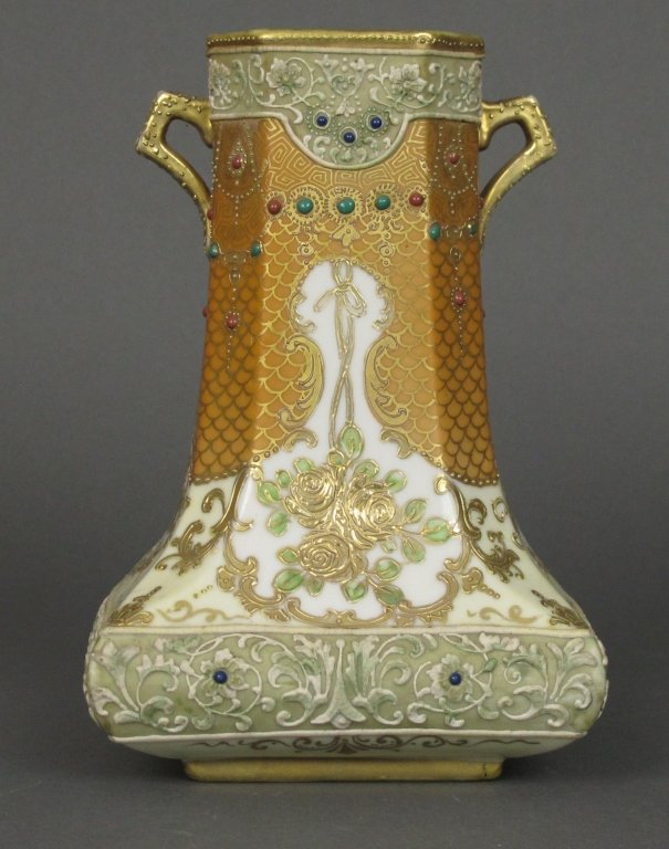 19th C Nippon Hand Painted Vase: 19th C Nippon Hand Painted Vase, gold gilded flowers with enamel accents, double-handle, unique shape having a wide square base which tapers into 8 sides at the top, overall a very beautiful and uniqu