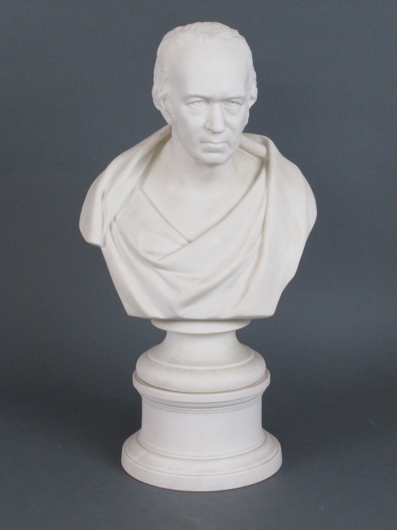 Wedgwood Carrara White Jasper Bust James Watt: Wedgwood Carrara White Jasper Bust of James Watt, 1859, modeled by E.W. Wyon, impressed title, sculptor, date, and mark, H. 20", there is a chip out of the rim along the rear of the base (see pictures