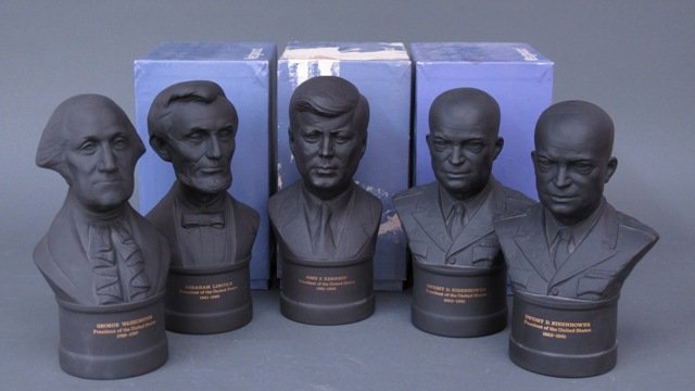 4 Wedgwood Presidential Basalt Busts (3 with boxes): 5 Wedgwood Presidential Basalt Busts with Gold titles on fronts of each: 2 are Dwight D Eisenhower, H. 8-1/2" impressed on bottom WEDGWOOD, MADE IN ENGLAND, 70; George Washington, H. 8-1/2", impressed