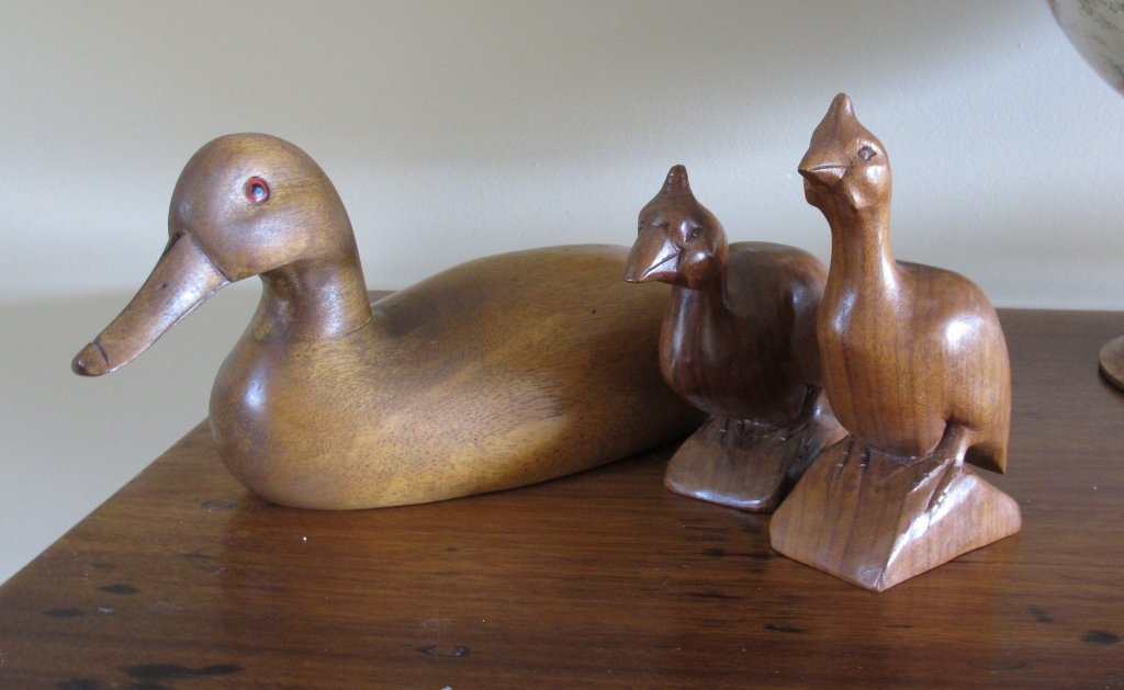 Hand Carved Duck Decoy, 2 Pheasants: Hand Carved Wooden Duck Decoy and 2 Wood Carved Pheasants, u7nmarked