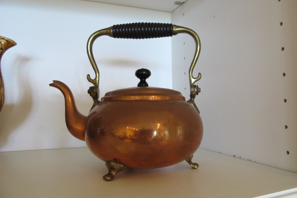 Copper Tea Pot: Copper Tea Pot, brass cover, handle marked Empress, NYS Co.