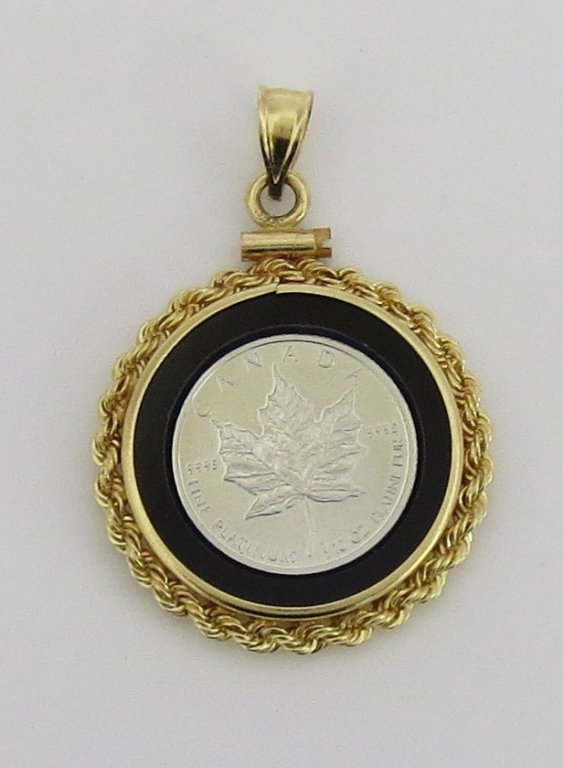 Platinum Coin Pendant: Lady's Coin Pendant, 1/10 oz. Canadian platinum maple leaf coin, set in black onyx tile in 14K yellow gold bezel, dia. 25mm