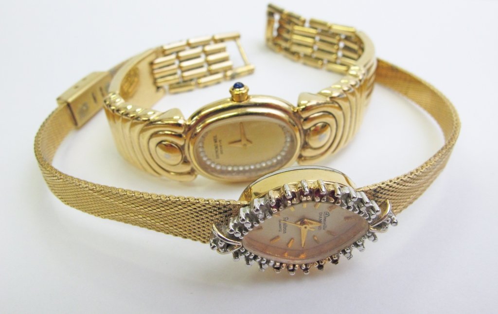 Raymond Weil Wrist Watch 18k, Deauville Amitron: 2 Lady's Wrist Watches: Raymond Weil 18K gold electroplated, diamond dial; Deauville Diamond Amitron Quartz with diamond bezel, not gold; both running with quartz movements
