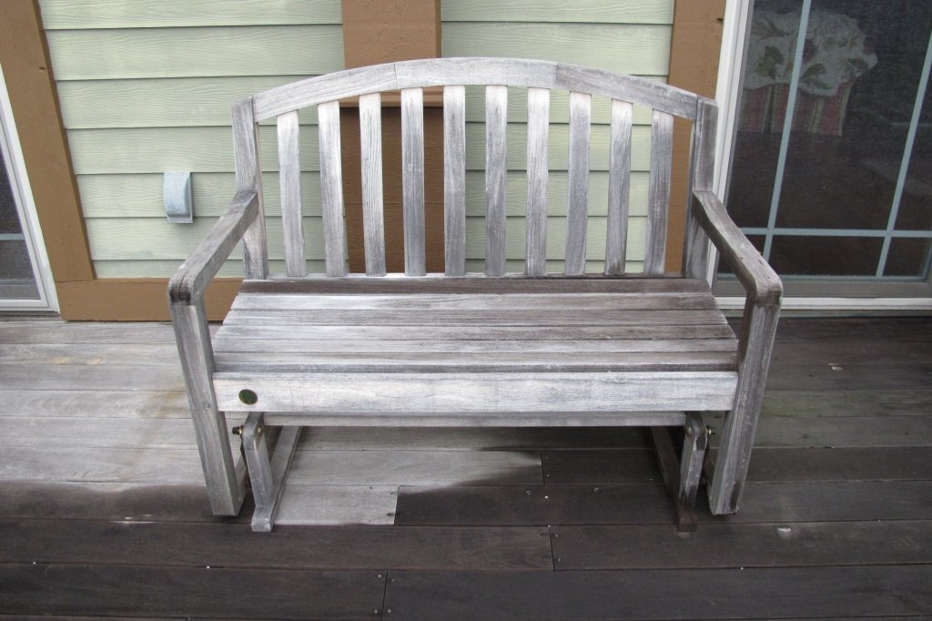 Teakwood Glider by RW: Teakwood Glider marked "RW", approx. 4', green cushions available