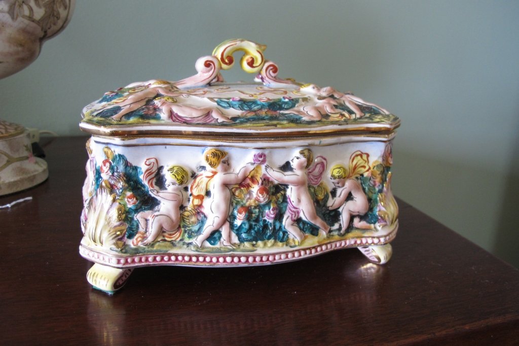 Capo Di Monte Jewelry Box: Capo Di Monte Jewelry Box with four legs and lid. #231 H.5 1/2" 8 1/2" x 5 1/2"