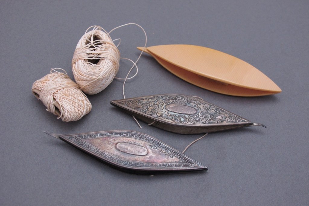 3 Antique Tatting Shuttles, Sterling, Ivorene