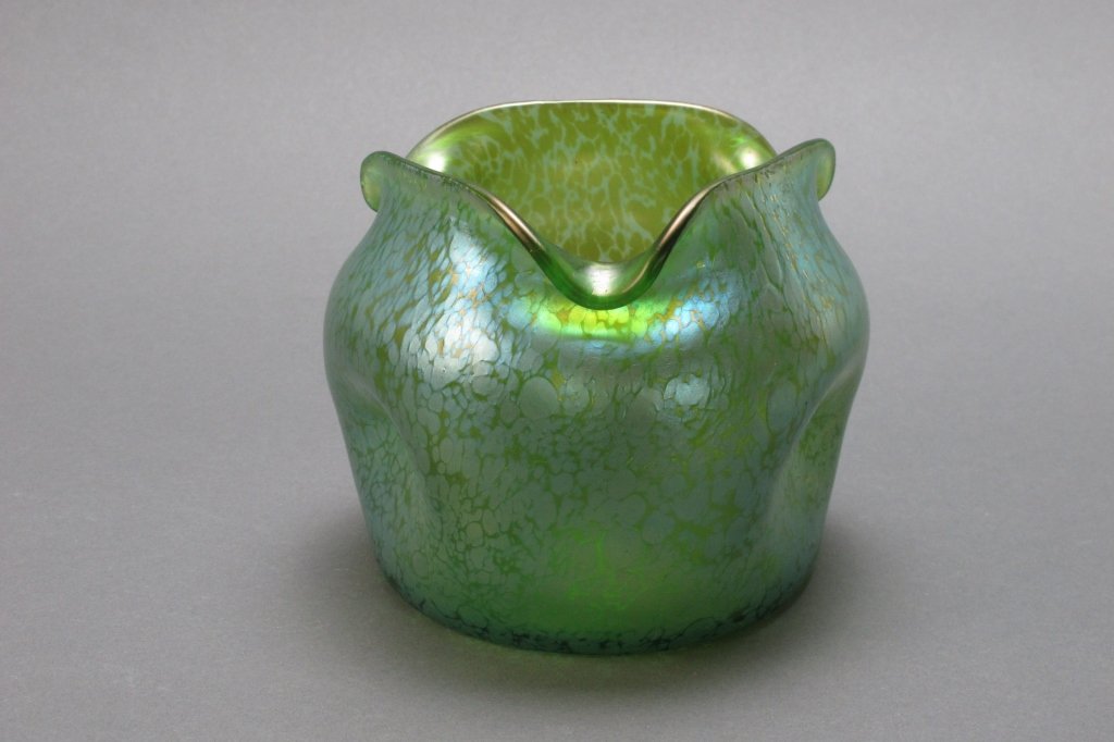 Loetz Style Creta Papillon Pinch Pot Vase: Loetz Style Creta Papillon pinch pot vase, green glass with blue iridescent, H. 4-1/2".