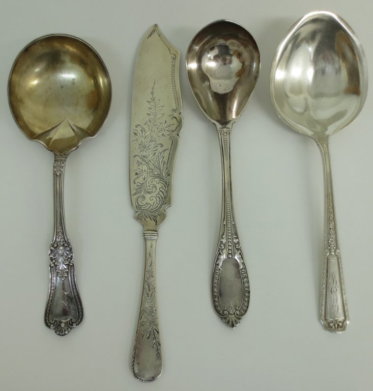 4 Sterling Silver Serving Utensils: 4 Sterling Silver Serving Utensils: fish knife, L. 10", no monogram; berrry spoon, L. 8-1/4", monogrammed; sauce spoon with rounded bowl, L. 8", monogrammed on reverse; Towle Serving Spoon, L. 8-3/4",