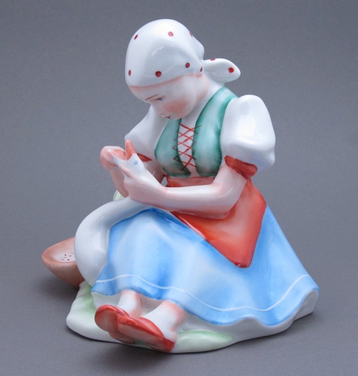 Vinage Zsolnay Figure of Girl Seated with Goose: Vintage Zsolnay Figure, seated girl with duck or goose, H. 7"