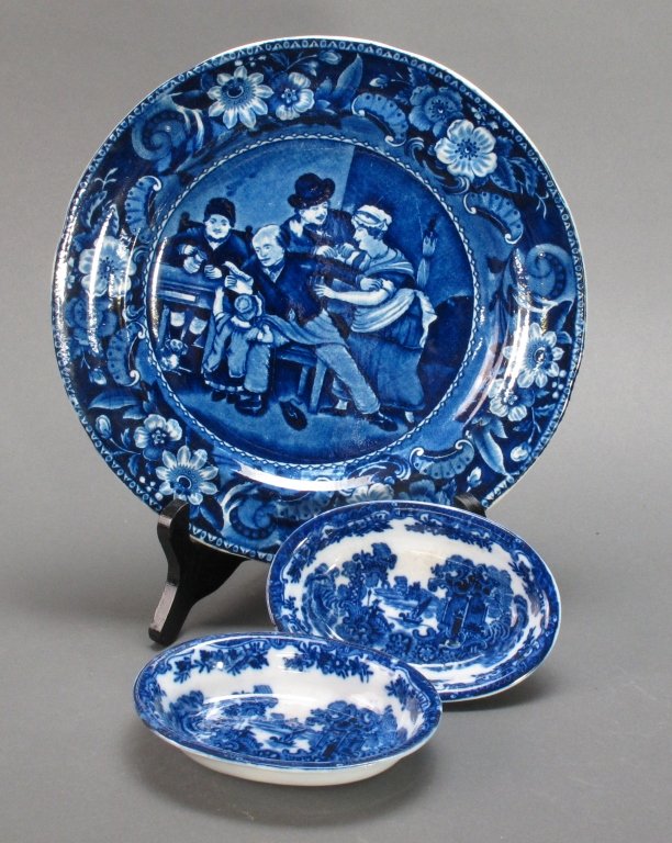 3 Pc Flow Blue: Clews Staffordshire, Ironstone: 3 Pcs Flow Blue: Dark Blue Staffordshire Plate "The Valentine" from Clewsâ€™ Wilkieâ€™s Design Series, c. 1825, Dia. 10"; Pair Flow Blue Ironstone China "Adams Fairy Villas" Mini Vegetable D