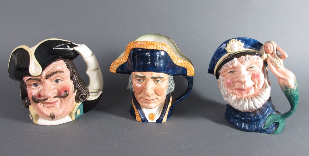 3 Royal Doulton Character Mugs/Toby Jugs: 3 Royal Doulton Character Mugs/Toby Jugs: Lord Nelson, D.6336, H. 7-1/4"; Old Salt, D.6551, H.8"; Capt Henry Morgan, D. 6467, H.7"