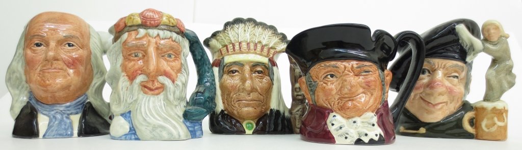5 Small Royal Doulton Character Mugs/Toby Jugs: 5 Royal Doulton Character Mugs/Toby Jugs; Old Charley, D.6791, H. 3-1/4"; Benjamin Franklin, D.6695, H. 4"; Neptune, D.6552, H. 3-1/4"; Tam o'Shanter, D.6636, H. 4"; North American Indian, D. 6614, H.