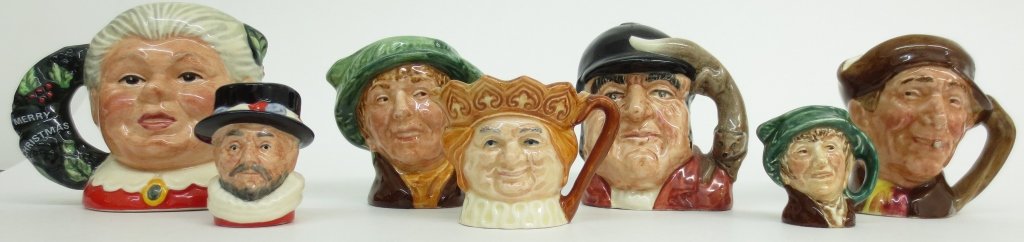 7 Royal Doulton Character Mugs/Toby Jugs, includin: 7 Royal Doulton Character Mugs/Toby Jugs, including (2) tiny: Arriet (tiny), H.1-3/8", Beefeater (tiny) D.6806, H. 1-1/2"; Mrs. Claus, D.6922. H. 2-1/2"; Old King Cole, D.6871, H. 1-1/2"; Gone Away, D