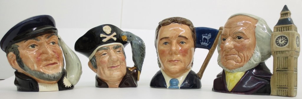 4 Royal Doulton Character Mugs/Toby Jugs: 4 Royal Doulton Character Mugs/Toby Jugs: including Sir Henry Doulton/Michael Doulton, D.6921, signed, H.5"; John Doulton, D.6656, H. 4-1/2"; Long John Silver, D.6386, H.4"; Capt. Ahab, D.6506, H. 4"