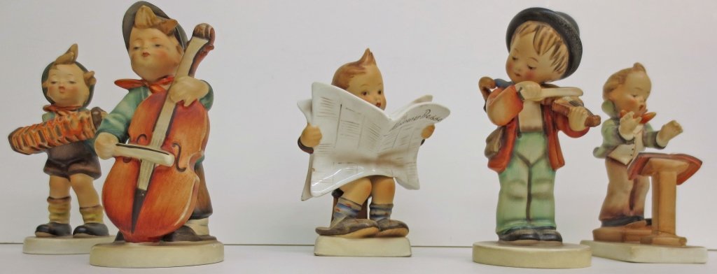 5 Hummel Figurines with Full Bee Marks: 5 Hummel Figurines with Full Bee Marks: "Little Fiddler", full bee, H. 5-3/4"; "The Conductor", full bee, H. 5"; "Bass Fiddle Player", full bee, H. 5-1/2"; "Accordian Boy", full bee, H. 5-1/2"; "Newsp