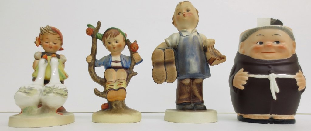 3 Hummel Figurines with Friar Tuck Mug, full bee m: 3 Hummel Figurines with Friar Tuck Mug, full bee marks: "Goose Girl", full bee, H. 4-1/4"; "Little Cobbler", full bee, H. 5-1/2"; "Apple Tree Boy", full bee, H. 4-1/4", Friar Tuck Mug, full bee, H. 4-