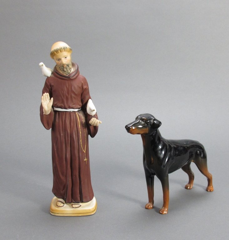 2 Ceramic Figurines, Beswick, other: 2 Ceramic Figurines: Doberman Pincher, Beswick, England, H. 5-3/4"; St. Francis of Assisi Ceramic Figurine, H. 9-1/2", marked with unk mark and "F1285"