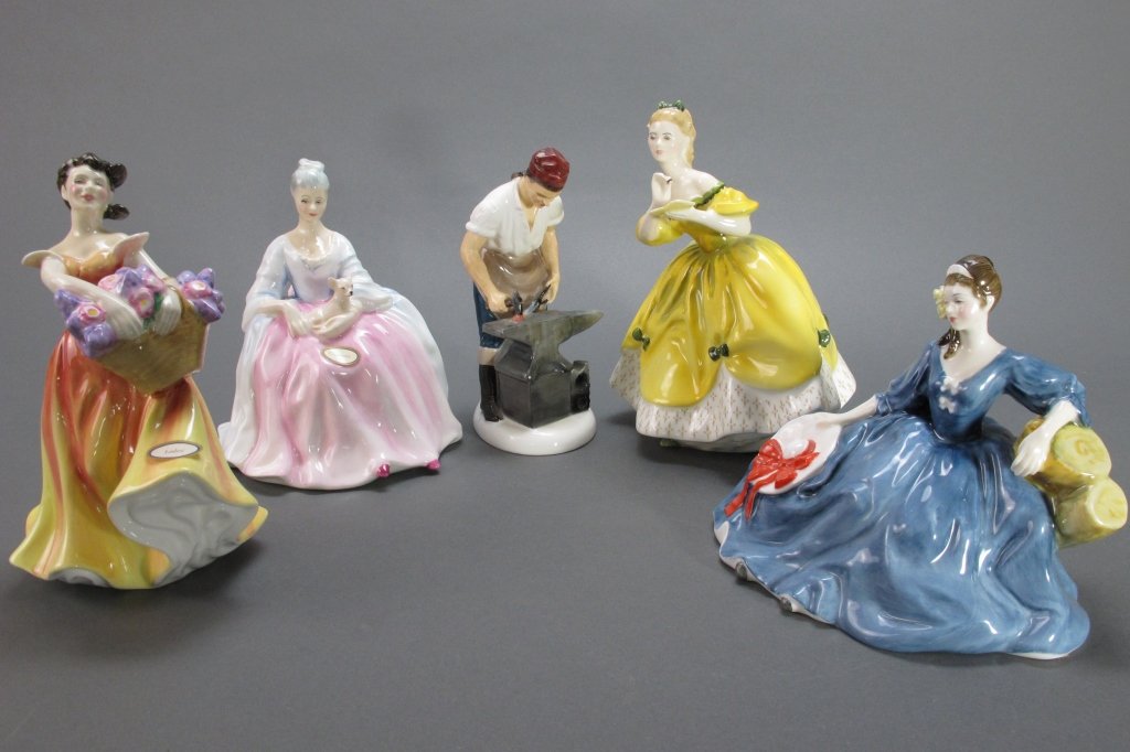 5 Royal Doulton Figurines: 5 Royal Doulton Figurines: Charlotte, HN 2423, H.6"; The Last Waltz, HN 2315, H.7-3/4", face is cracked; Elyse, HN 2429, H.6"; Lesley, HN 2410, H.7"; The Blacksmith, HN 2240, H.7"; with exception of T