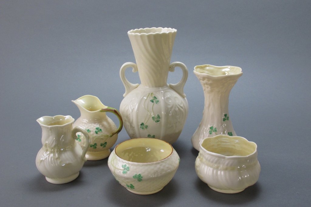 Asst Green Mark Belleek Parian China, Shamrock, Ye: Asst Belleek Parian China, Shamrock, other: 2-Handled Waisted Vase, Shamrock, H. 8", 3rd Green Mk; Cream Pitcher, Shamrock, H.3-1/4", 2nd Green Mk; Sugar Bowl, Shamrock, H. 2-1/4", 2n Green Mk; Vase, 