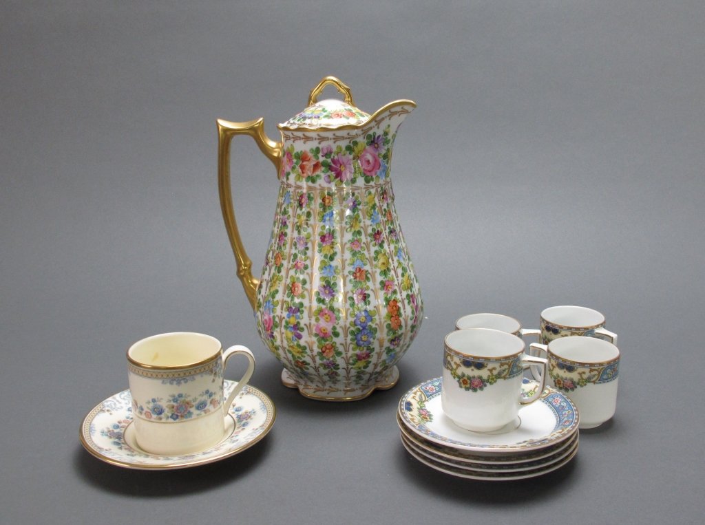Asst Porcelain, SAXE, Minton, Bavaria: Asst Porcelain: SAXE Chocolate Pot, Handpainted Floral Pattern, H. 8-1/2", with lid; Minton Tea Cup with saucer, H. 2-1/2", Avonlea pattern; 4 Bavaria Demitasse cups with matching saucers, H. 2"