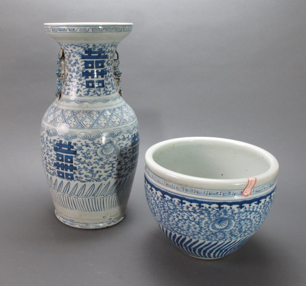 Blue & White Asian Vase and Planter: Blue & White Asian Vase and Planter: Chinese Qing Blue White Wedding Vase, 6 Shuangxi symbols, scrolling sweet pear vines, lion dog and cub handles, H. 16-3/4", Dia. 7", made in Shanghai; Blue White P