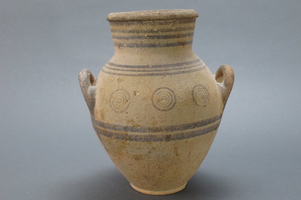 Cypriot Amphora Vase: Cypriot Amphora Vase: Iron-Age pottery, two up-turned loop handles, small neck , H. 9"
