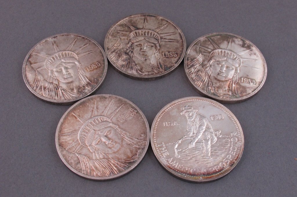 5 Pieces 1Toz Silver Coins: 5 Pieces 1Toz Silver Coins; 4- 1985/86 "Liberty Trade Silver"; 1- 1985 Englehard "The American Prospector"