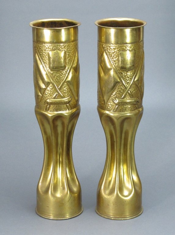 Pr Heavy Brass WWI 1918 Trench Art 75 mm Shell Cas: Pr Heavy Brass WWI 1918 Trench Art 75 mm Shell Casing: 1 fluted lower, upper engraved with crest Pvt McLane , Worlds War 1918, flanked by flag on each side one marked America the other France, VERDUN,