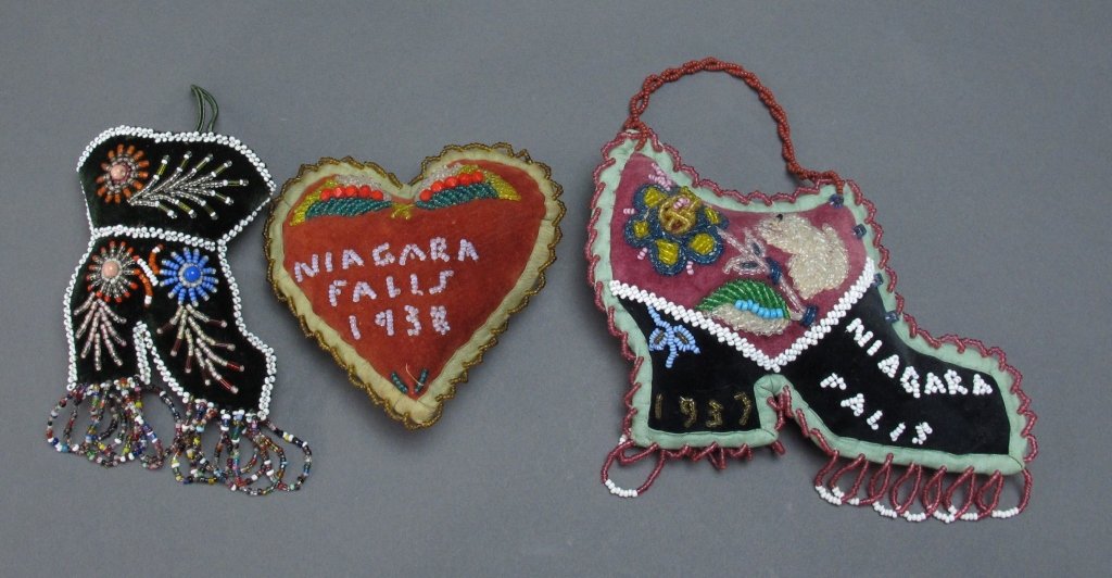 3 Native American Beaded Wall Hanging/Pin Cushions: 3 Native American Beaded Wall Hanging/Pin Cushions, likely Iroquois, approx sizes are W. 4-1/2"-6-1/2"