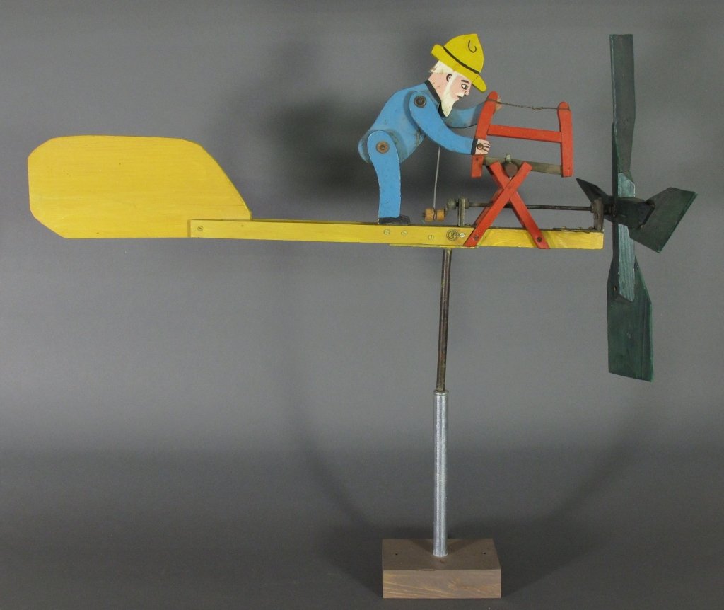 Painted Sawing Man Whirligig: Painted Sawing Man Whirligig / Whirlygig, hand painted wood figure saws wood, H. 26", operable, end nut need to be replaced
