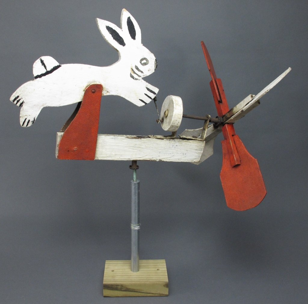 Painted Rabbit Whirligig: Painted Rabbit Whirligig / Whirlygig, painted wooden rabbit hops, H. 22-1/2"