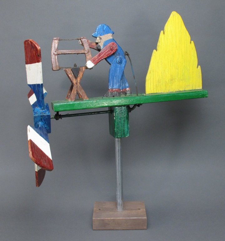 Painted Sawing Man Whirligig: Painted Sawing Man Whirligig/Whirlygig, painted wooden man sawing log, H. 21"