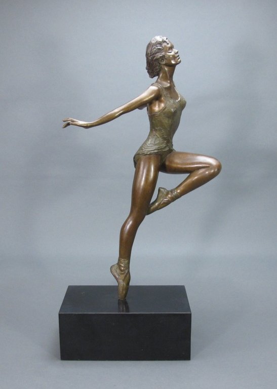 Peggy Mach Bronze Ballerina Sculpture: Peggy Mach Bronze Ballerina Sculpture, signed and numbered 88/250, patinated bronze on black square base, Ballerina mid-leap pose with arms stretched behind , one leg raised, bent at knee, H. 25" over